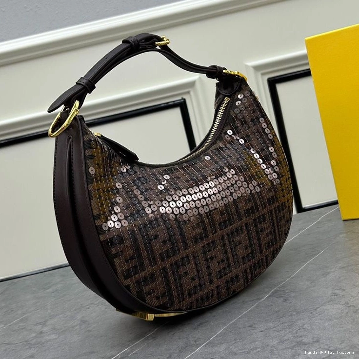 Cheap HOT Small Brown Hobo Bag with Fabric In Sequins Fendi Motif FF Fendigraphy 0821